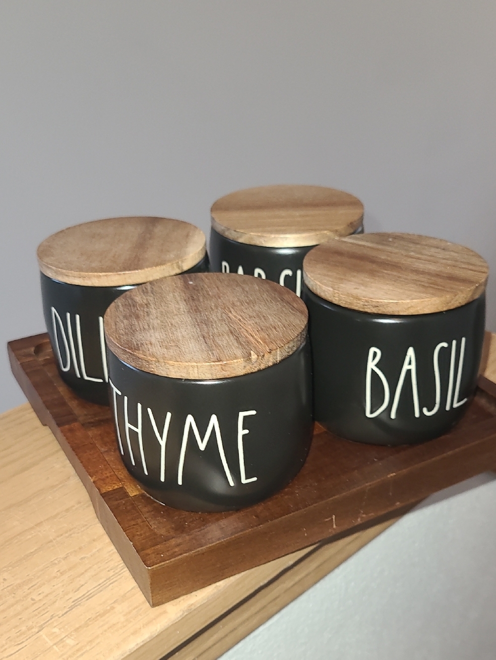 Rae Dunn Black Ceramic Herb Jars with Wood Lids
